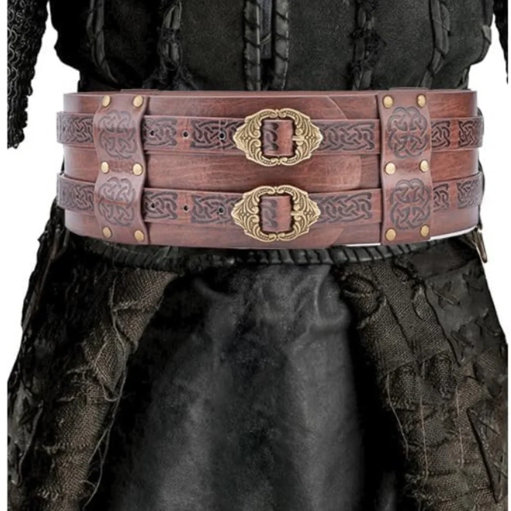 Brown wide faux Leather Belt with antique Gold Buckle Renaissance Eclectic Sz XL
